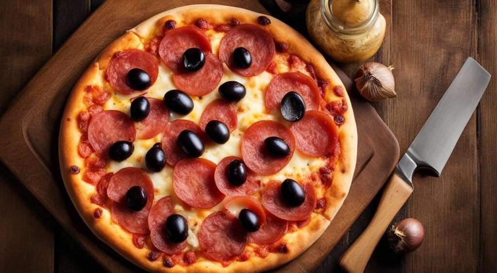 Pizza de Pepperoni com Cebola e Azeitonas