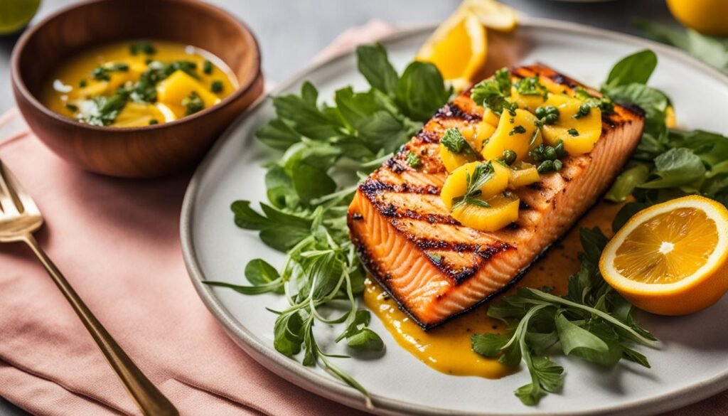 Salmão grelhado com molho de maracujá