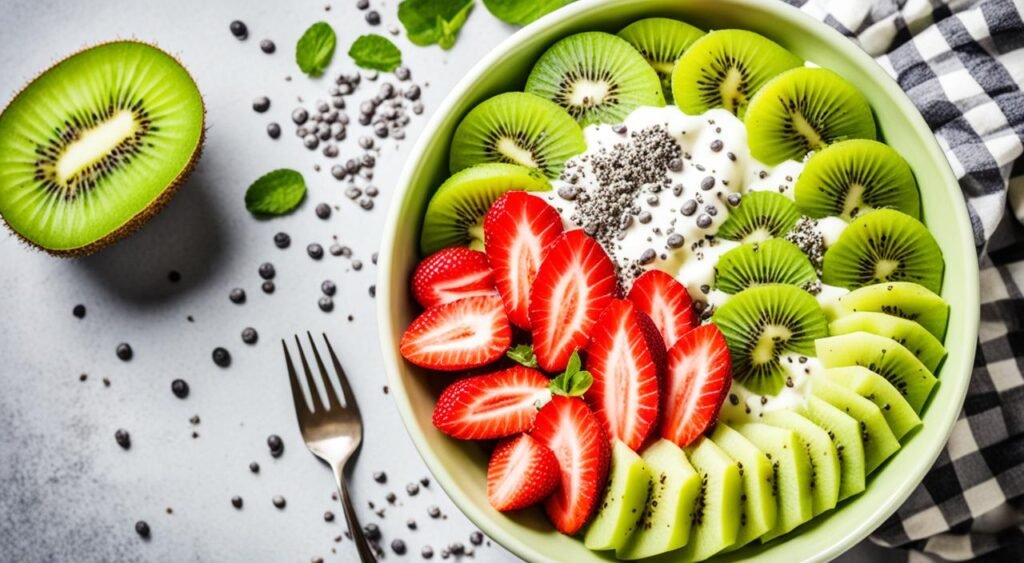 benefícios do iogurte, chia, morangos e kiwi