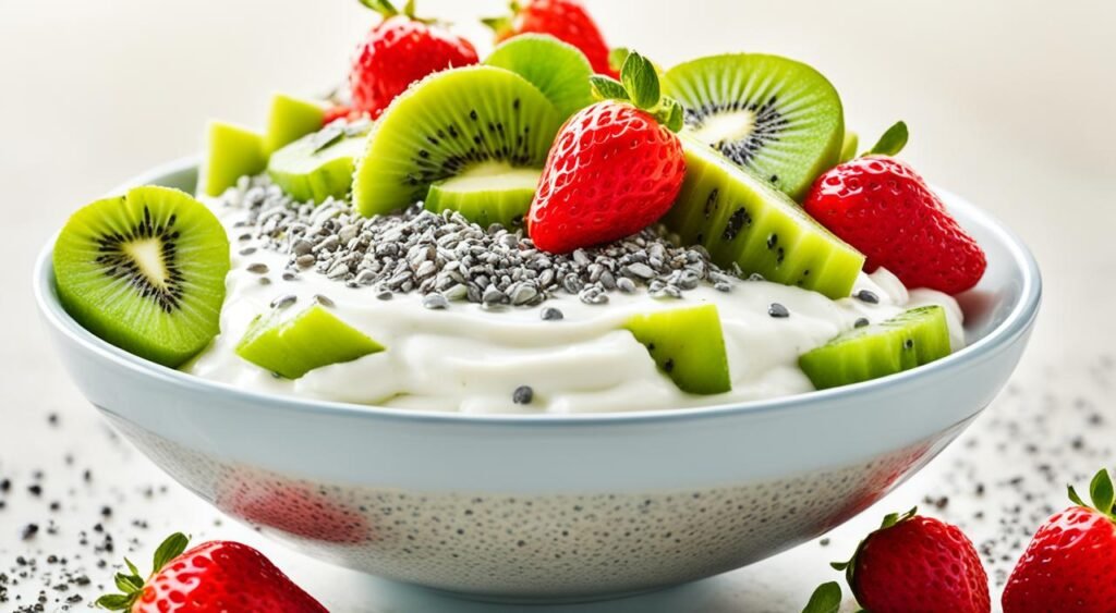 iogurte com chia, morangos e kiwi