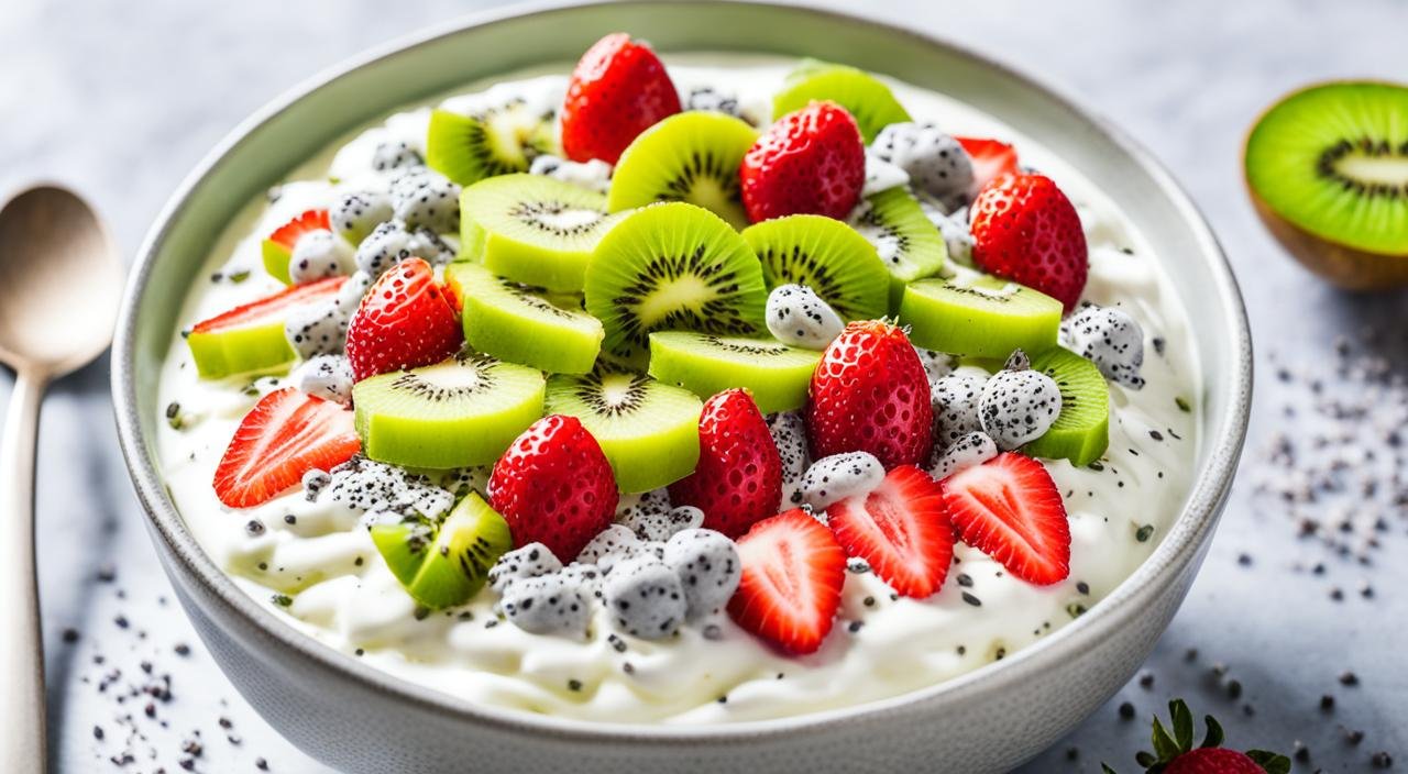 iogurte com chia morangos e kiwi