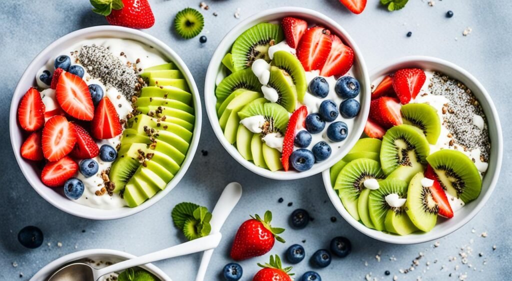 variações da receita de iogurte com chia, morangos e kiwi